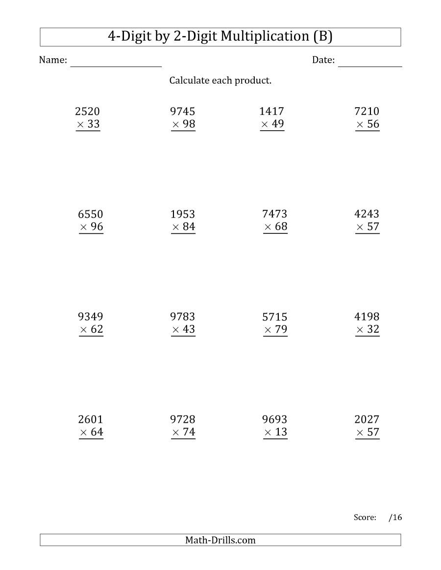 The Multiplying 4 Digit By 2 Digit Numbers B Math Worksheet From The Long Multiplication Workshe Multiplication Worksheets Division Worksheets Multiplication
