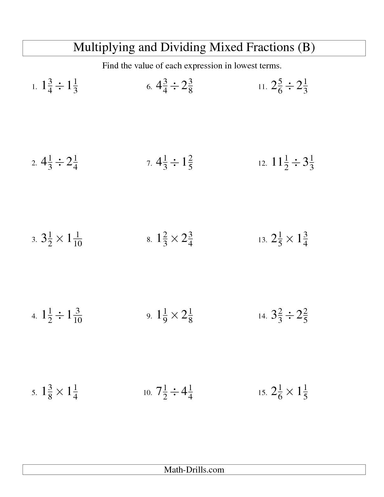 The Multiplying And Dividing Mixed Fractions B Math Worksheet From The Fractions Worksheet Page Fractions Worksheets Dividing Mixed Fractions Mixed Fractions