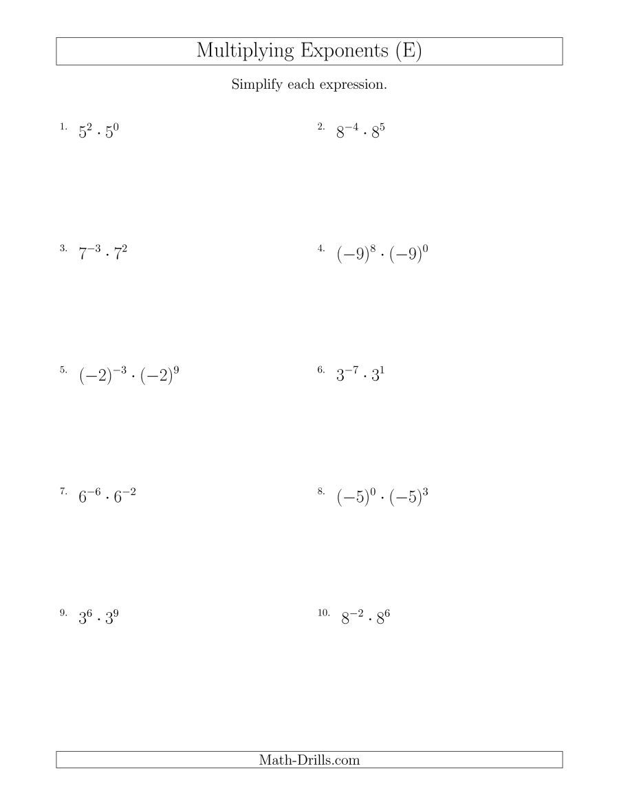 The Multiplying Exponents With Negatives E Math Worksheet From The Algebra Worksheets Page At Exponent Worksheets Negative Exponents Mathematics Worksheets