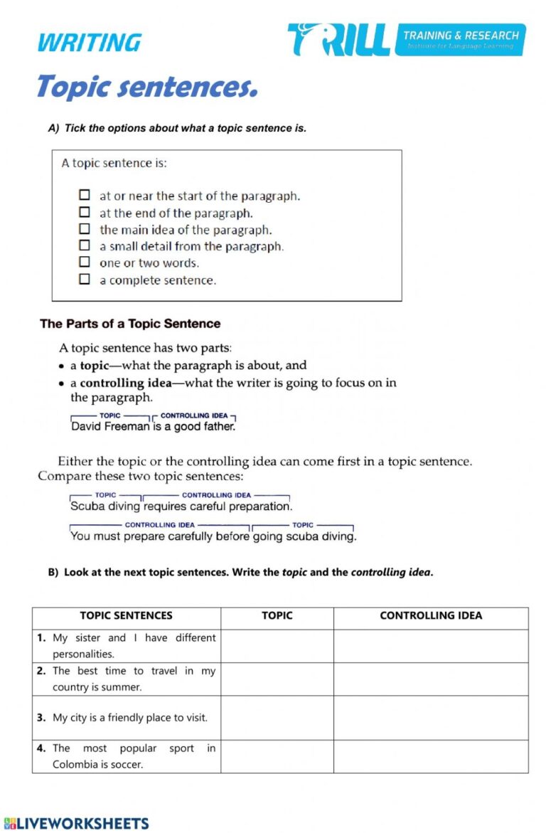 Writing A Topic Sentence Worksheet - Printable Worksheets