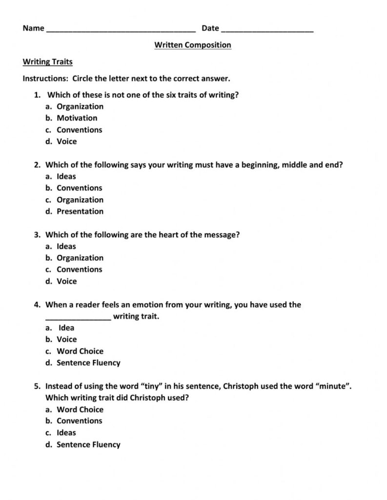 Traits Of Writing Worksheet