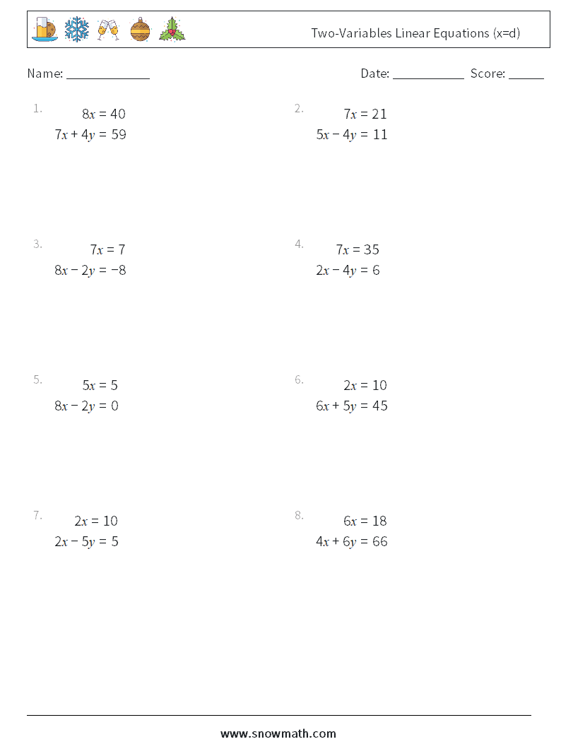 Two variables Linear Equations x d Math Worksheets Math Practice For Kids