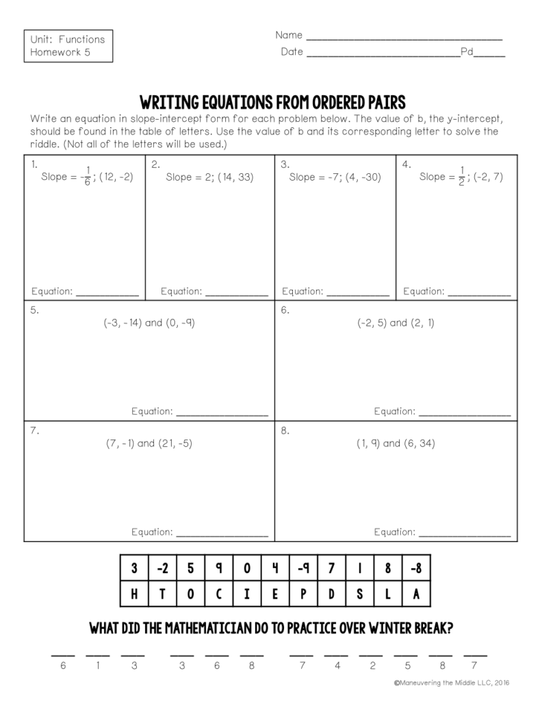 Unit 6 Lesson 5 Homework Writing Equations From Ordered Pairs Josh Agee Library Formative