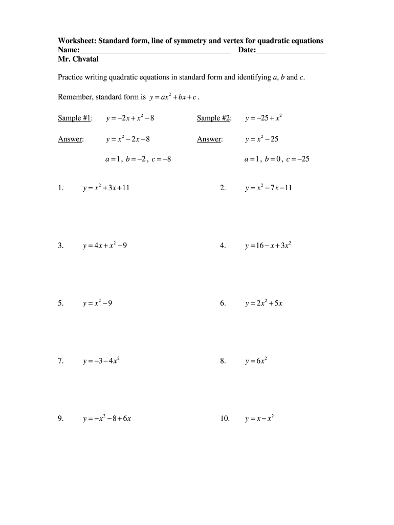 Writing Quadratic Equations In Standard Form Worksheet Pdf