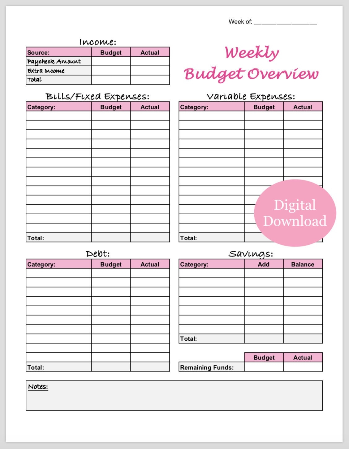 Weekly Budget Overview Template Printable Pink Etsy de