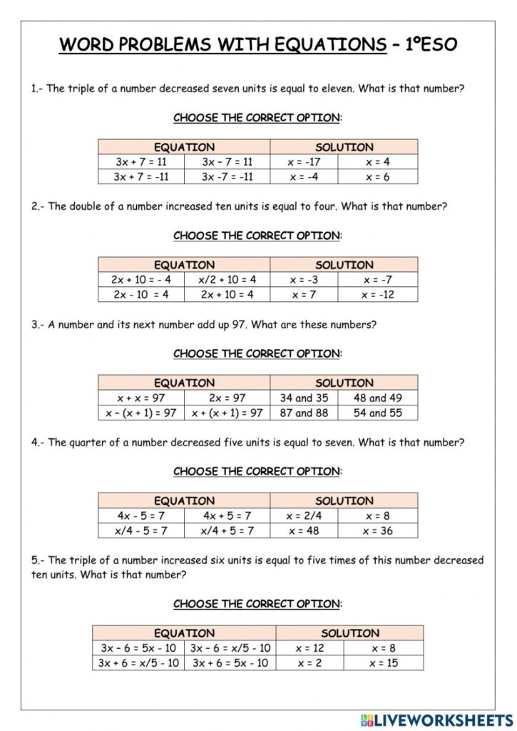Word Problems With Equations Worksheet