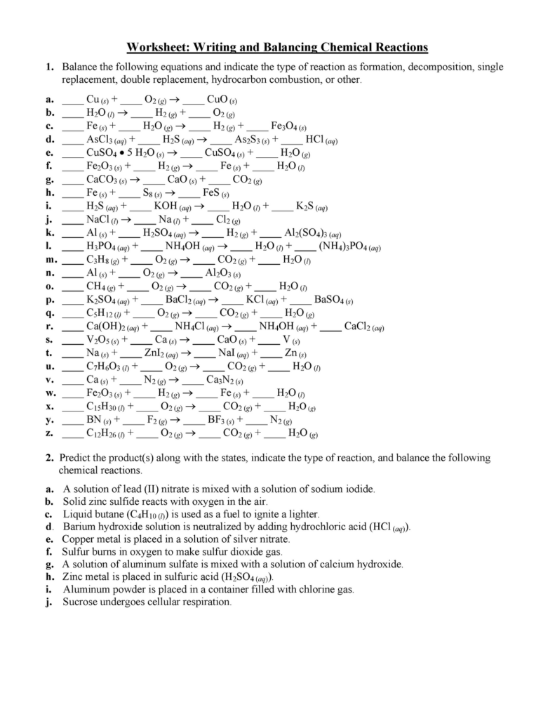 Worksheet Balancing Chemical Equations With Type Of Reaction Worksheet Writing And Balancing Studocu