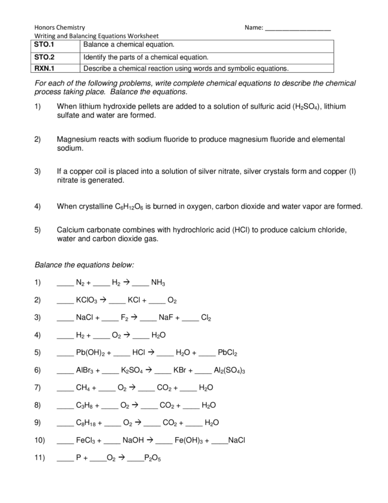 Worksheet Balancing Equations Lecture Notes Chemistry Docsity