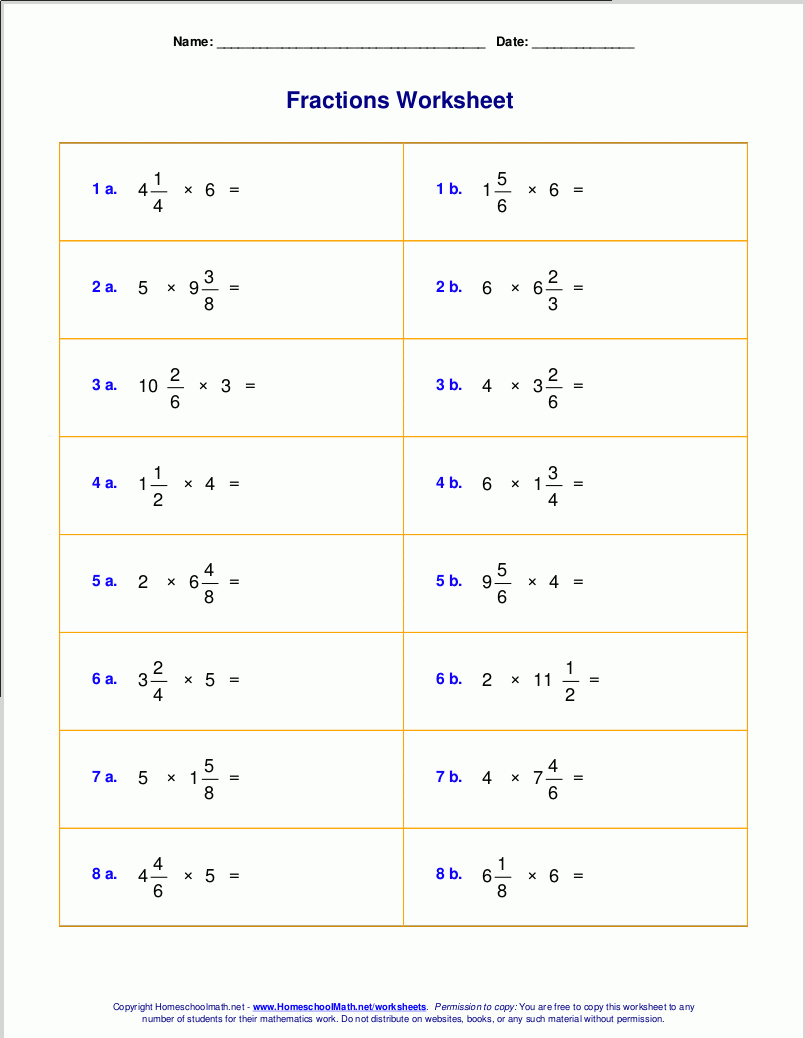 Mixed Fraction Multiplication Worksheets