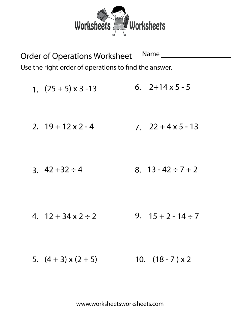 Order Of Operations Printable Worksheets