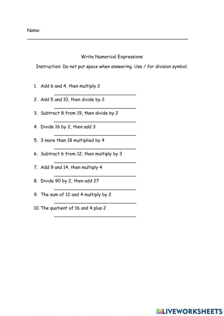 Write Numerical Expression Worksheet