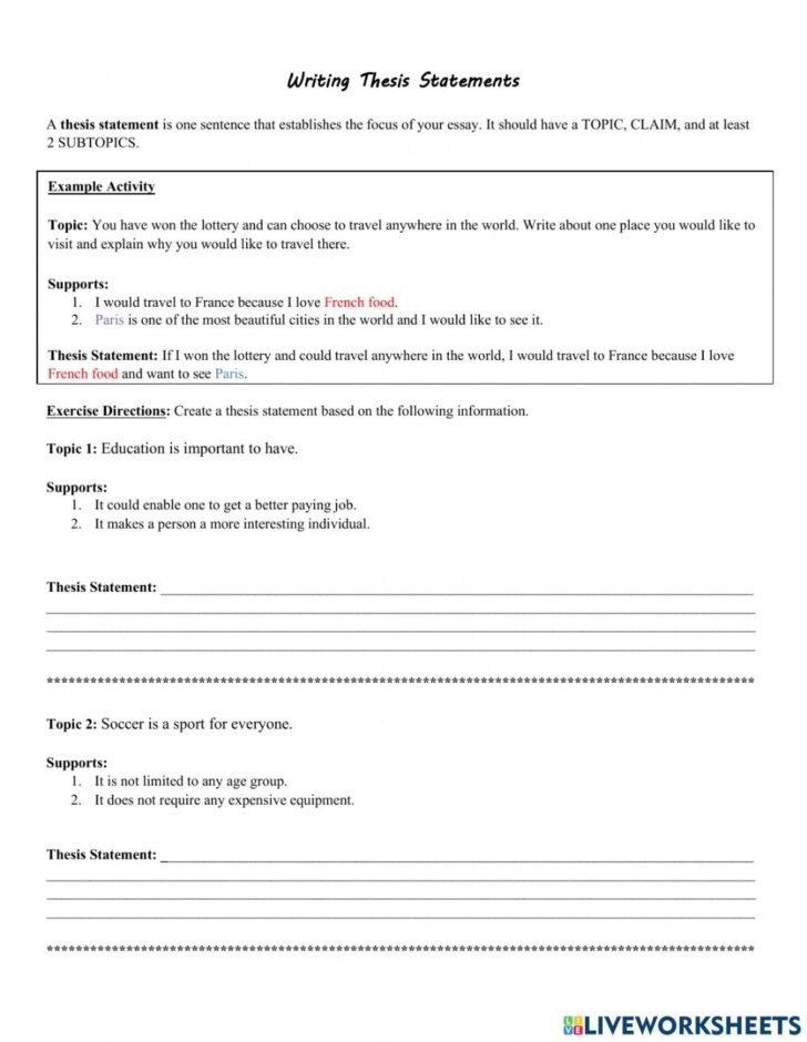 thesis statement worksheet 5th grade