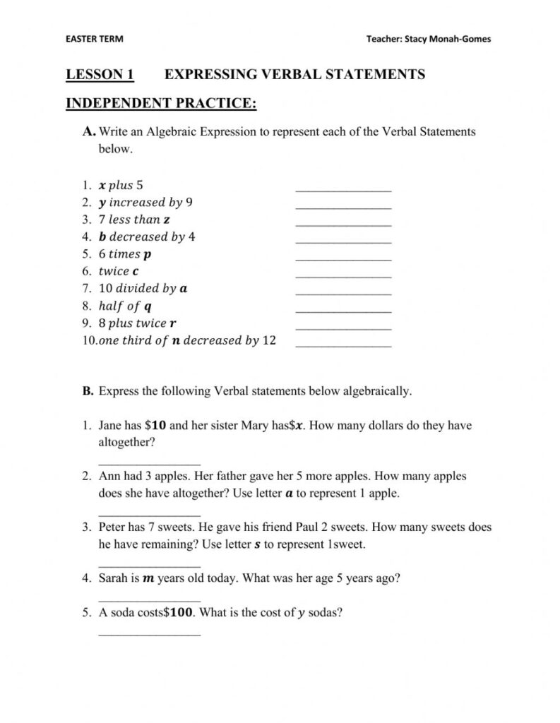 Writing Expressions And Equations Worksheet
