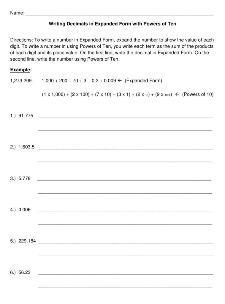 Writing Decimals In Expanded Form Worksheets Pdf