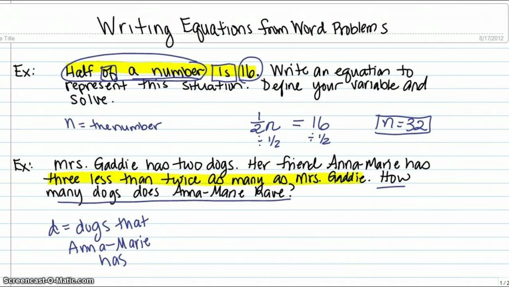 Writing An Equation From A Word Problem Worksheet