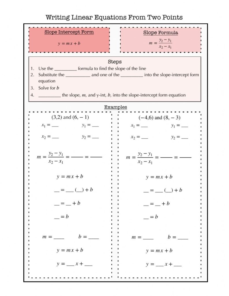 Writing Linear Equations Given Two Points Worksheet