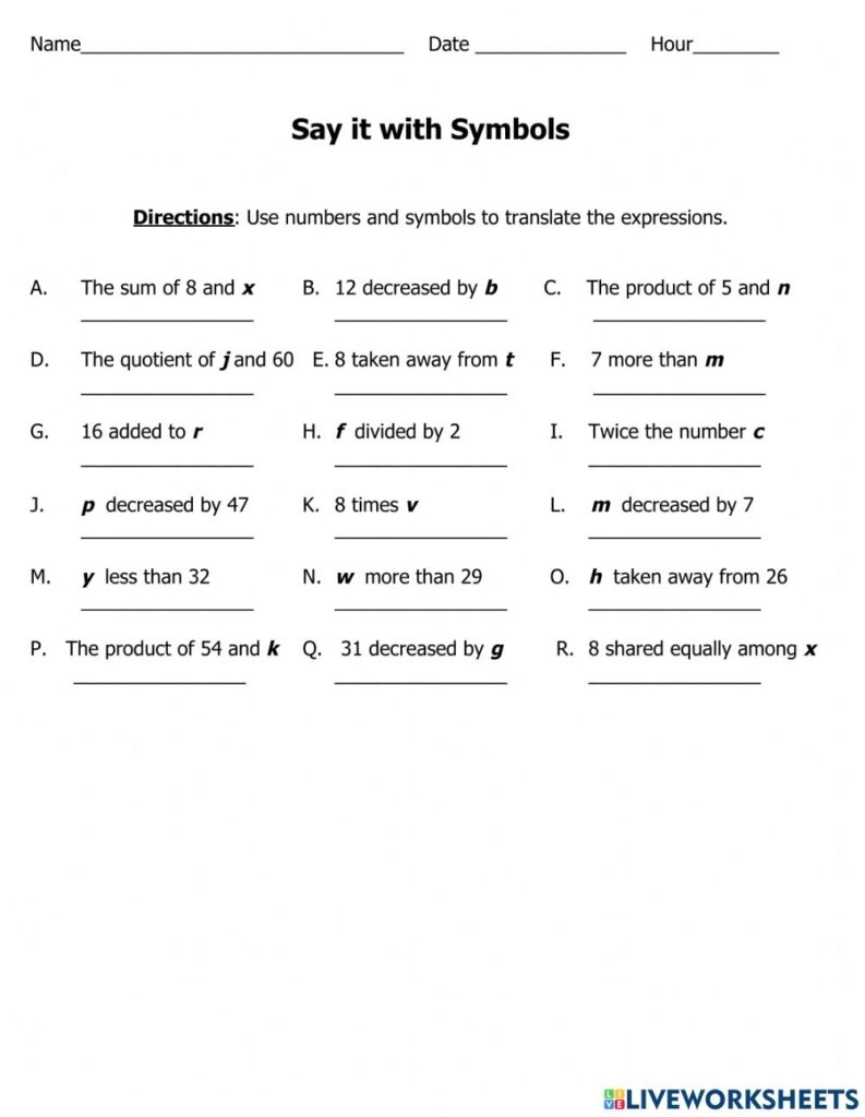 Writing Expressions Interactive Worksheet