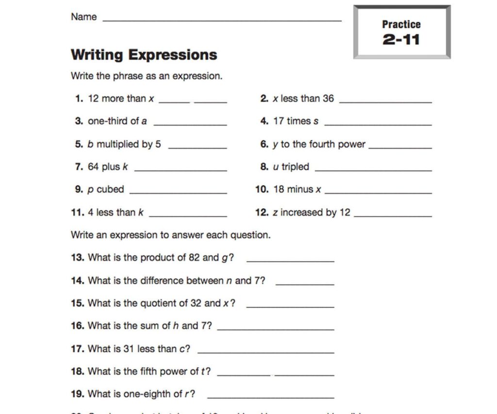 Writing Algebraic Expressions Worksheet Pdf