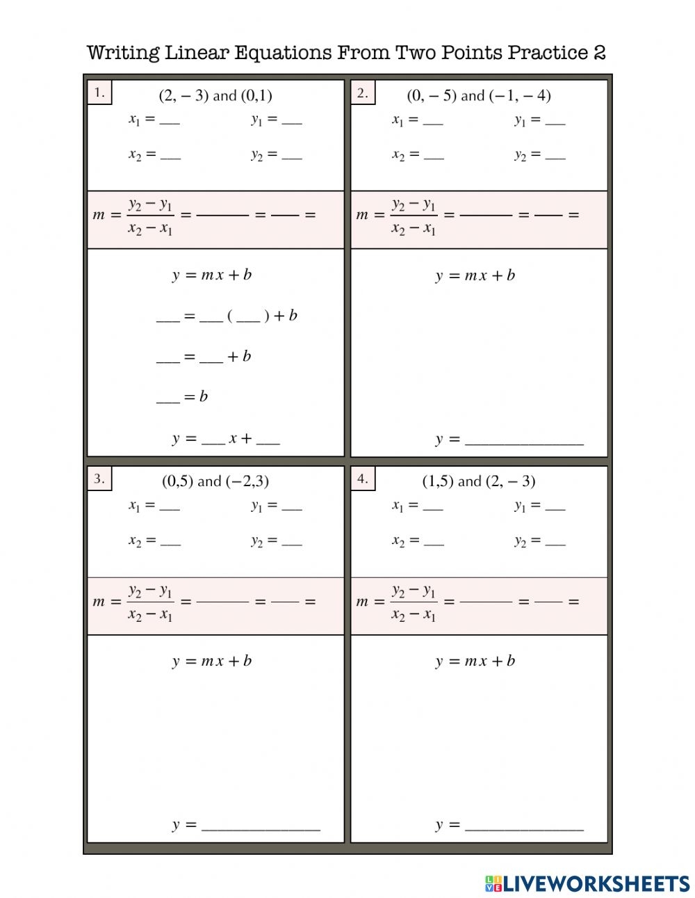 Writing Linear Equations From Two Points Practice 2 Worksheet