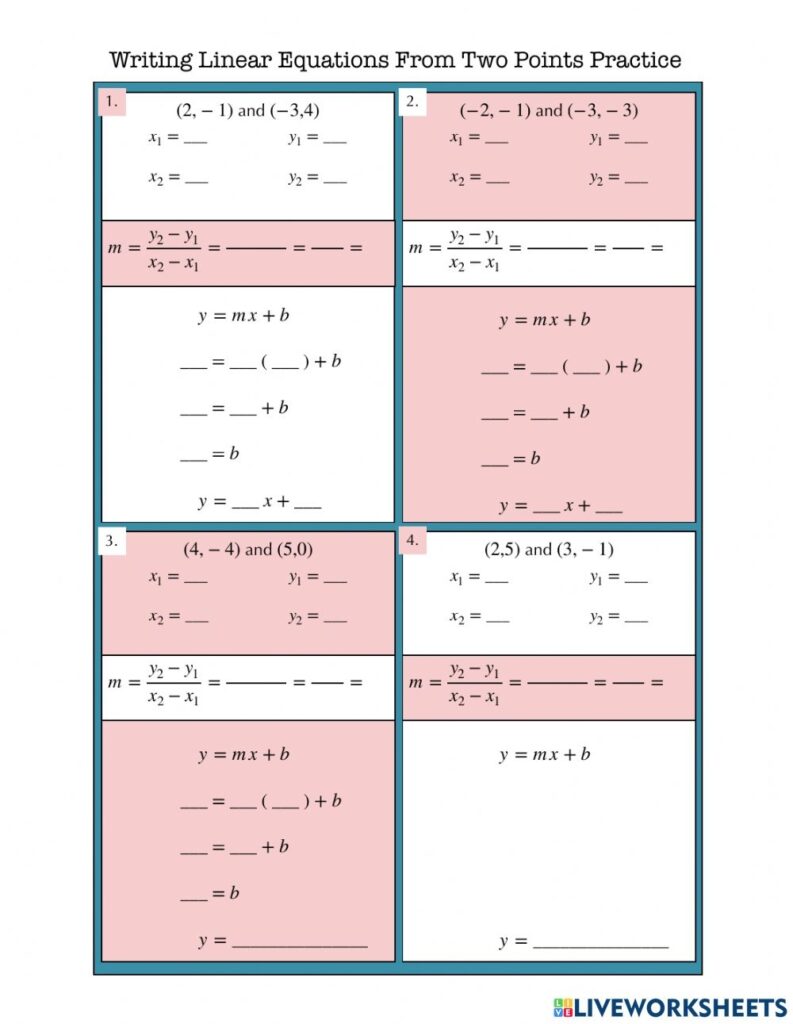 Writing Linear Equations From Two Points Practice Worksheet