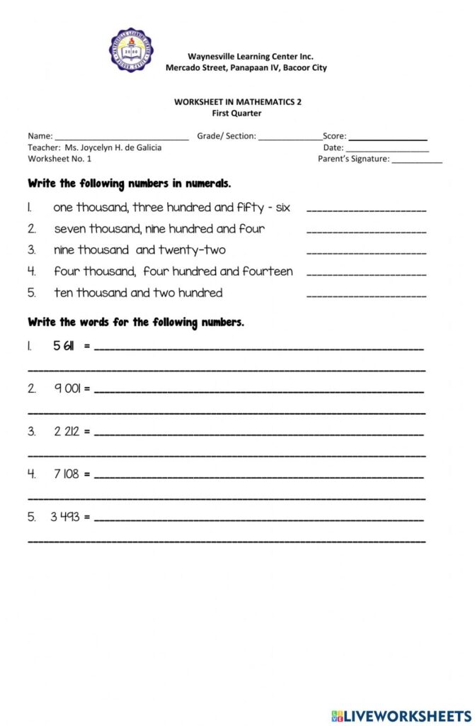 Writing Numbers To 1 000 In Words And Numerals Worksheet