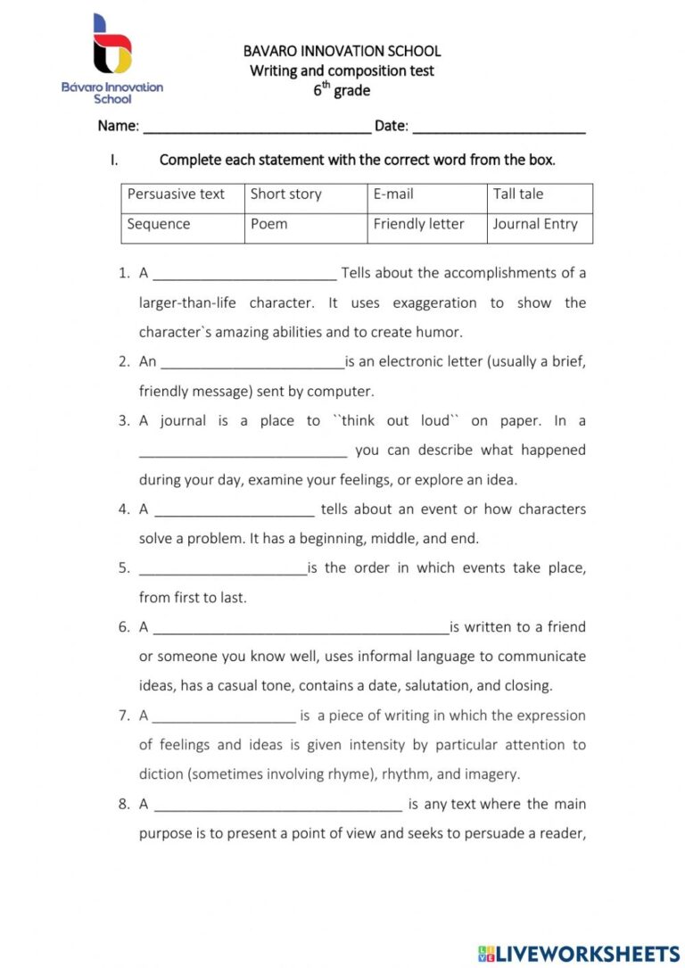 Writing Worksheets For 6th Graders - Printable Worksheets
