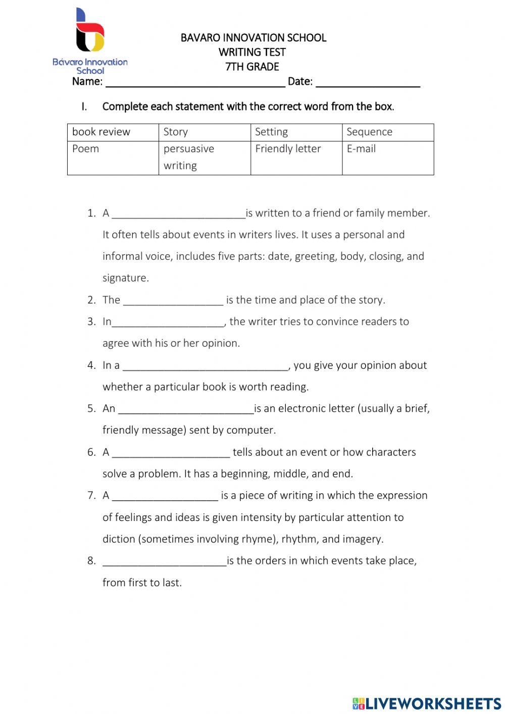 Writing Test 7th Grade Worksheet